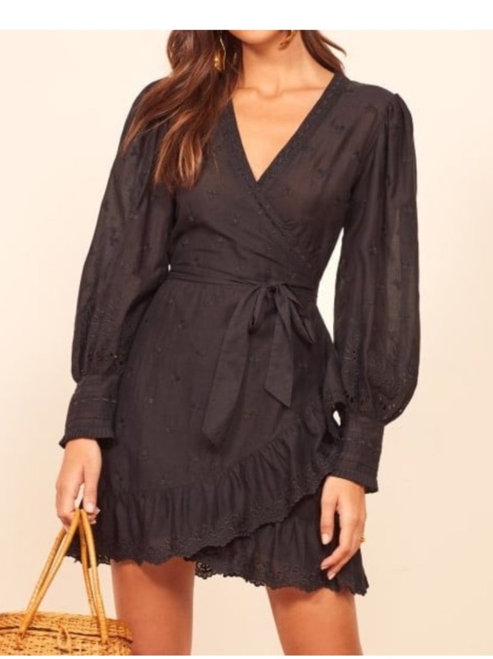 Reformation Harriet Dress size S Black Ruffle Wrap Long-sleeve eyelet mini